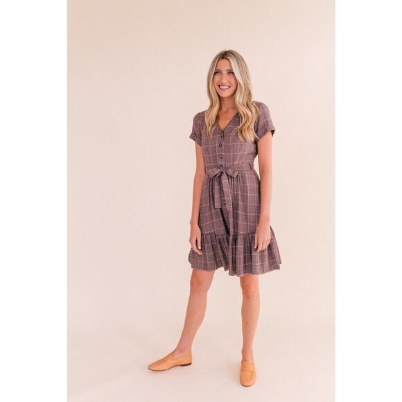 Gal Meets Glam Dresses & Skirts - Gal Meets Glam Women's Emerson Plaid V-Neck Button Belted Short Sleeve Dress 14